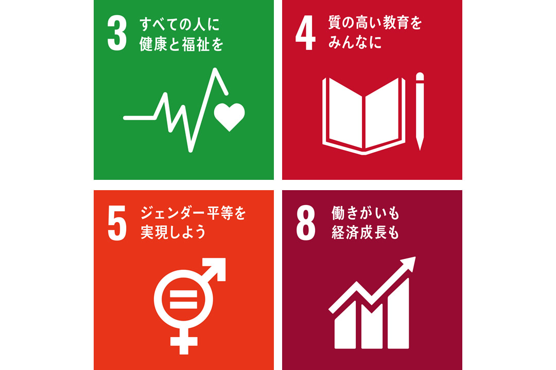 3.すべての人に健康と福祉を／4.質の高い教育をみんなに／5.ジェンダー平等実現しよう／8.働きがいも経済成長も